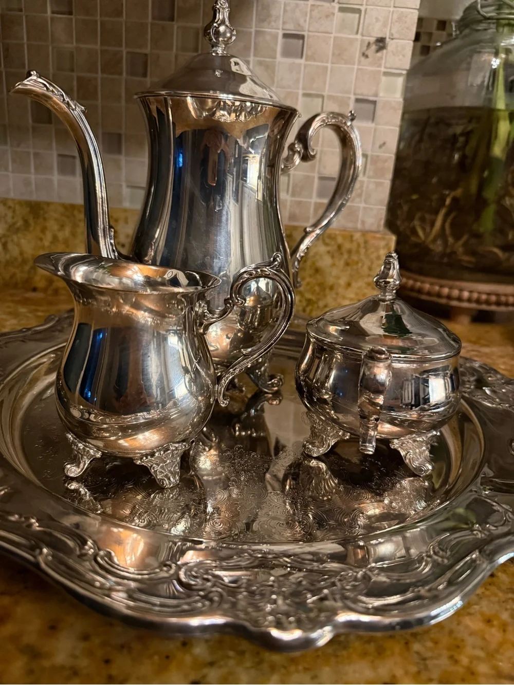 Vintage Gorham EP Brass Silverplate Tea Coffee Service Set + Unbranded Tray